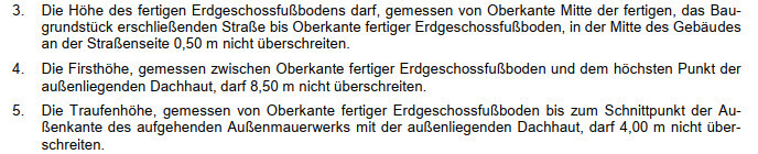Ausschnitt eines Plans: Höhenbegrenzungen für Erdgeschossfußboden, Firsthöhe, Traufenhöhe.