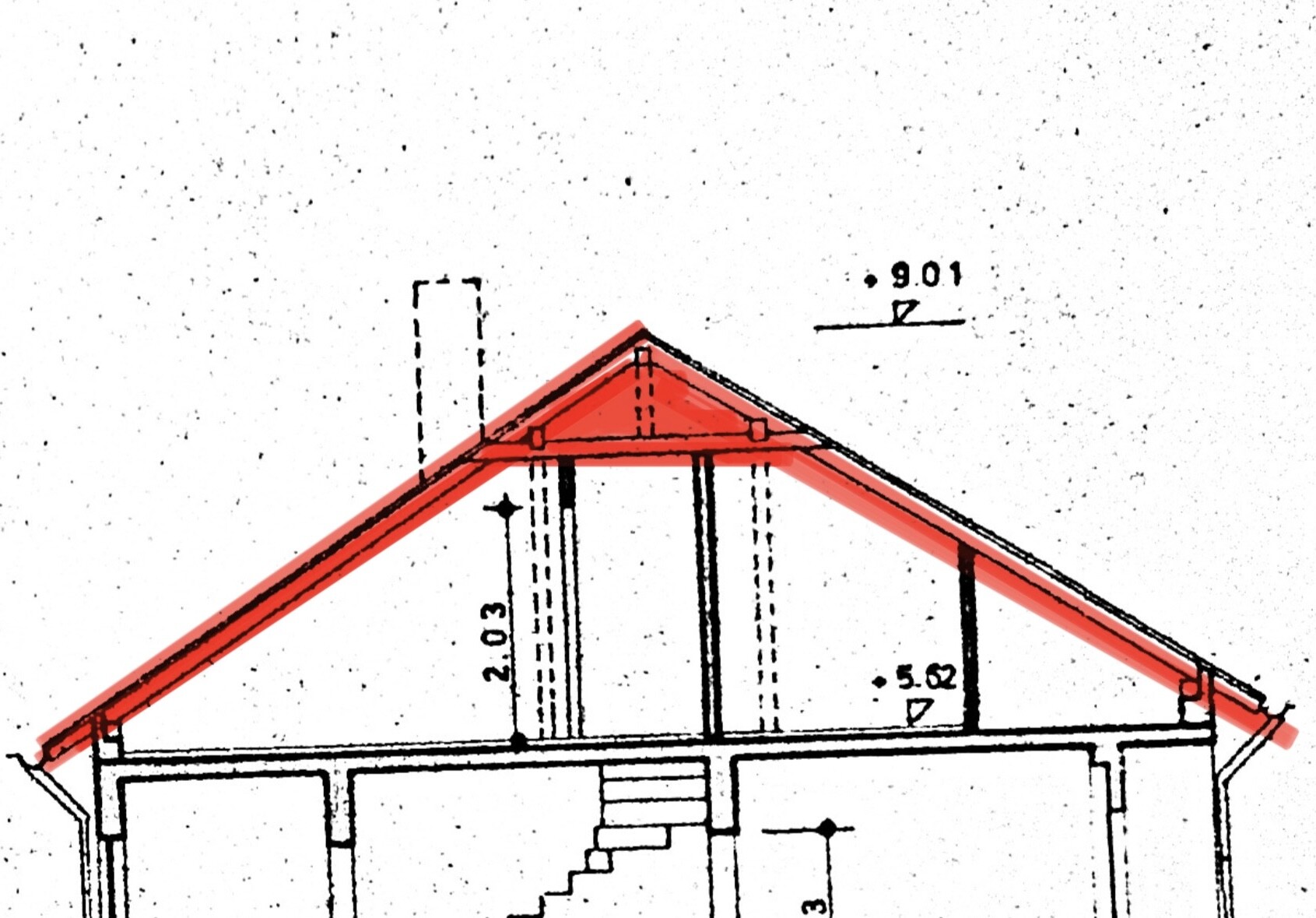 Technische Zeichnung eines Satteldachs mit rotem Umriss des Daches