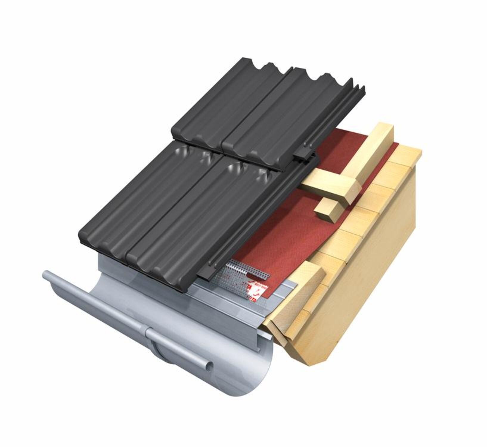 Querschnitt eines Daches: Metall-Dachplatten auf Dämmung, Holzlatten und Entwässerungsrohr.