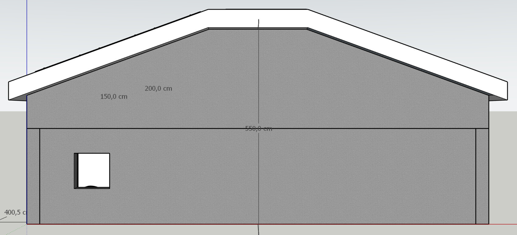 Schnittzeichnung eines Hauses mit Dachkonstruktion und Maßen in cm