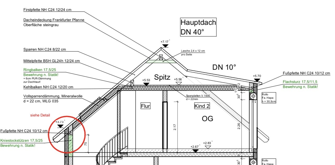Dachgeschoss-Schnitt: Dachstuhl, Spitzdach, OG, Flur, Kind 2, Treppe.