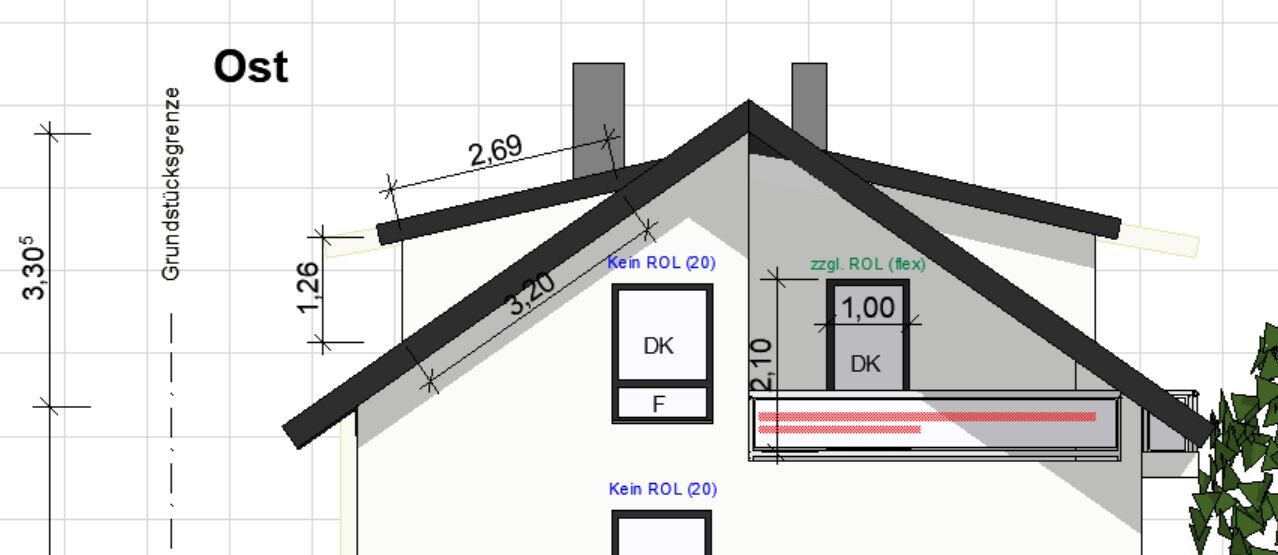 Hausdach-Plan mit gemessenen Dachneigungen, Fenstern, Ost-Ausrichtung.
