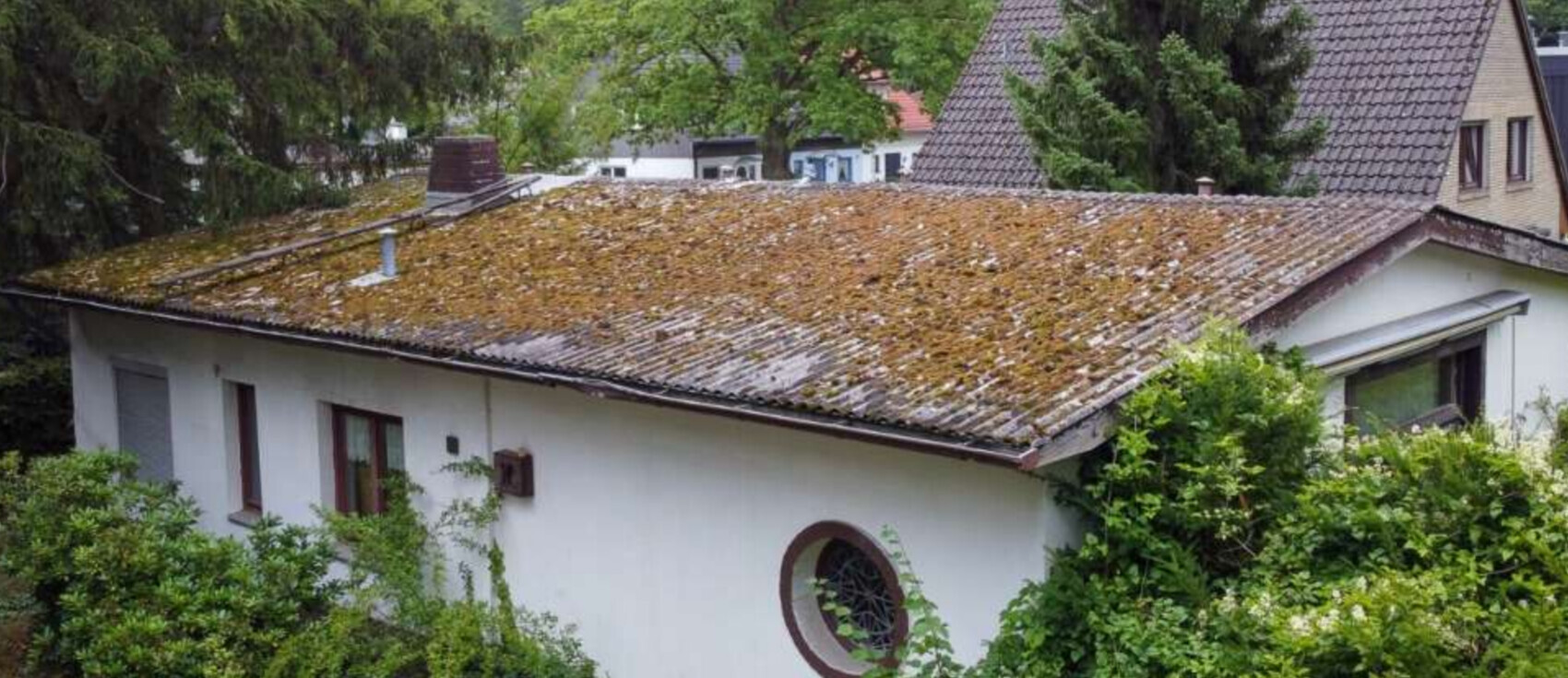 Flaches Hausdach mit Moosbewuchs und umliegendem Grün.