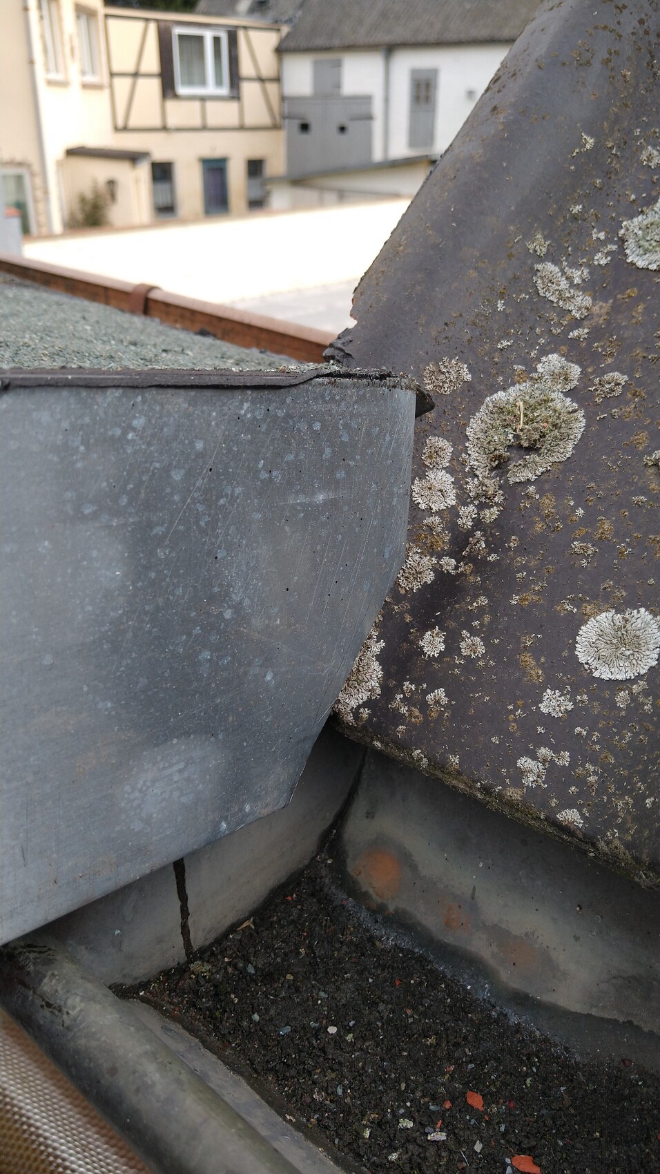 Nahaufnahme einer Dachkante mit rostigem Metallblech und Moos sowie Flechten.