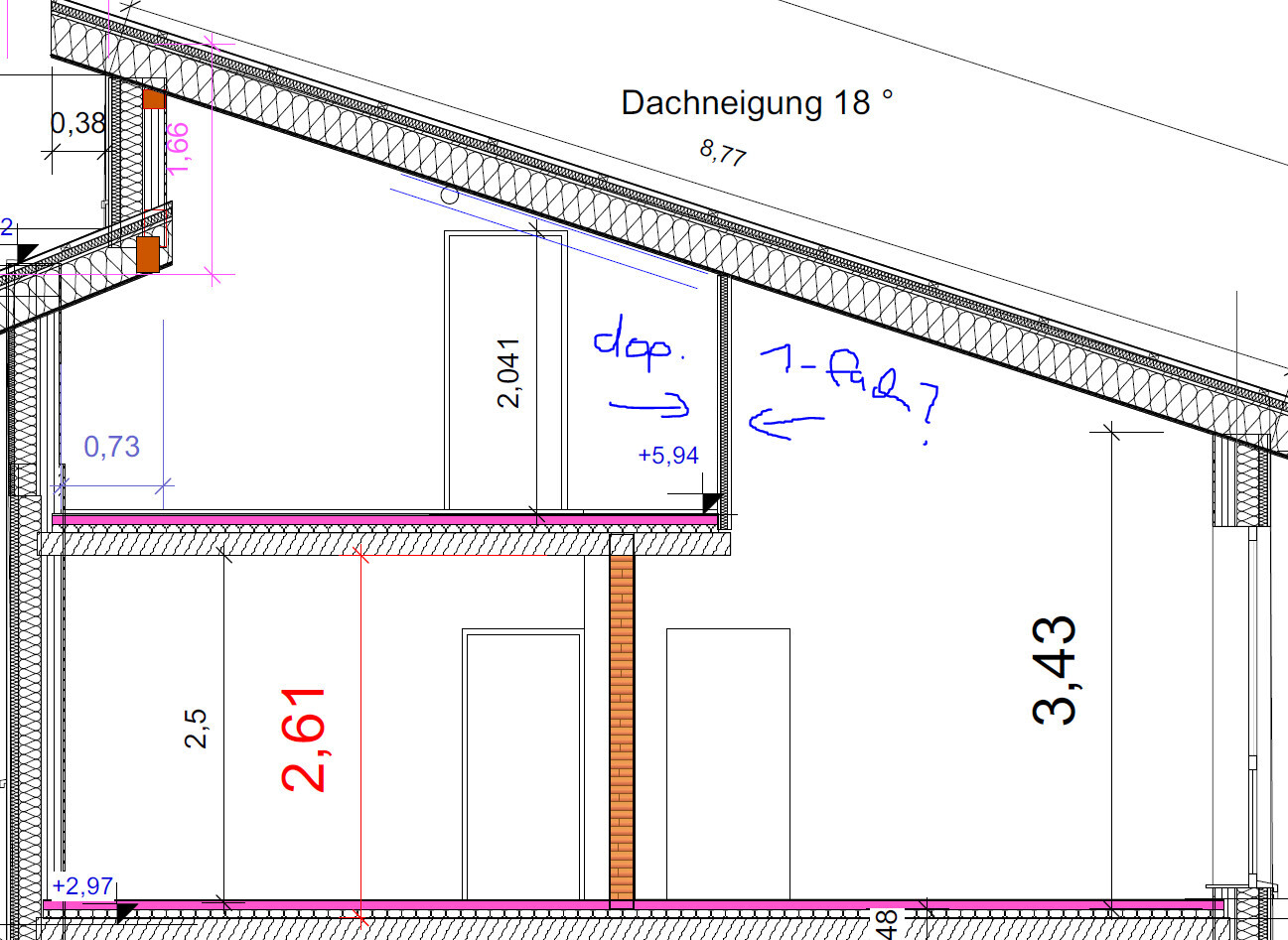 Schnitt durch Gebäude mit 18° Dachneigung, Innenraum, Maßangaben und Wandscheiben.