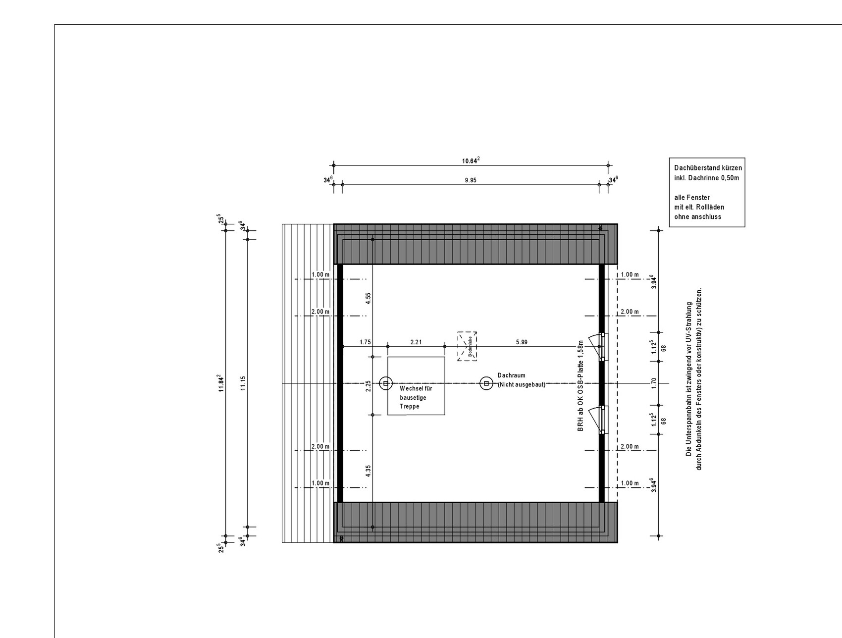 Architekten-Grundriss eines Gebäudes mit Maßlinien, Wänden und Innenraum.