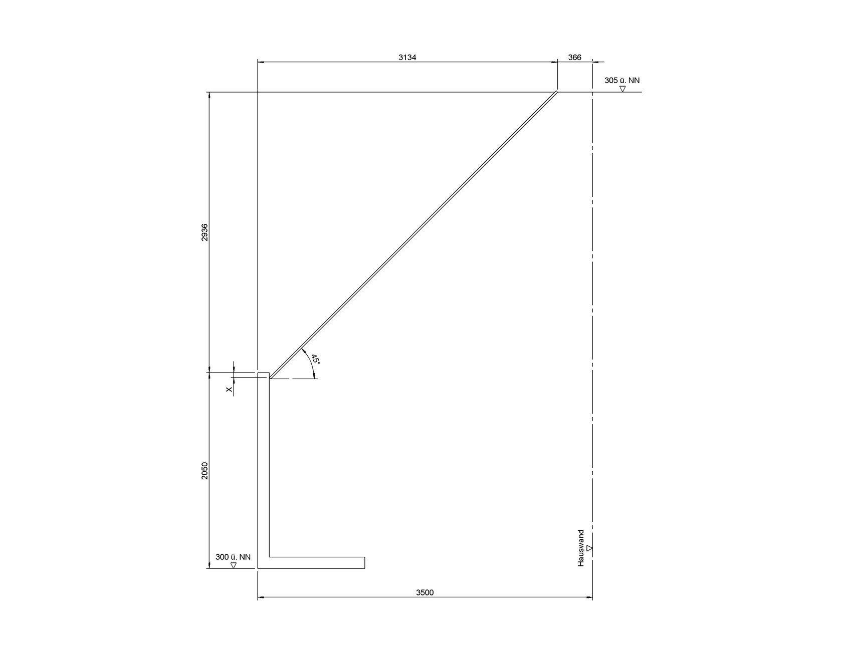 Diagonaler Balken von unten links nach oben rechts (45°); Grundriss mit Hauswand rechts.