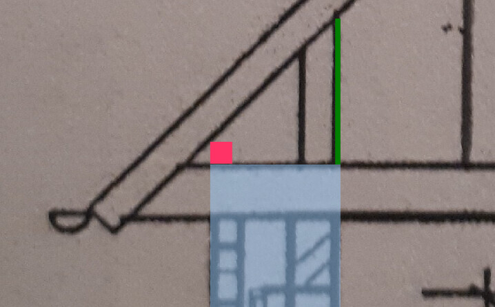 Technische Zeichnung: Diagonale Linie, grüne Vertikale, pinker Punkt, blaues Overlay.