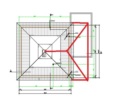 Dachplan mit zentraler quadratischer Dachstruktur und rotem Anbau