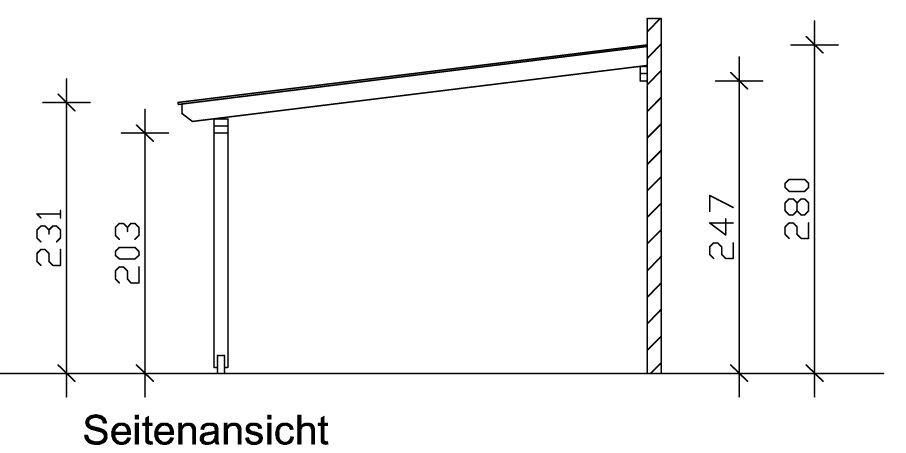 Technische Seitenansicht einer Dachkonstruktion mit Maßangaben
