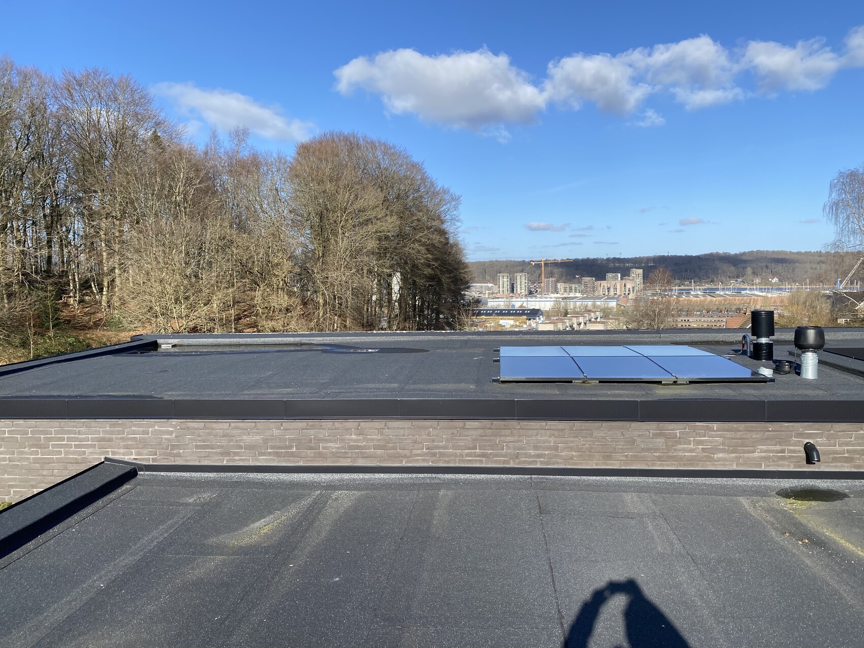 Flachdach mit Solarmodulen rechts, Lüftungsrohre; Baumreihe und Stadt im Hintergrund.