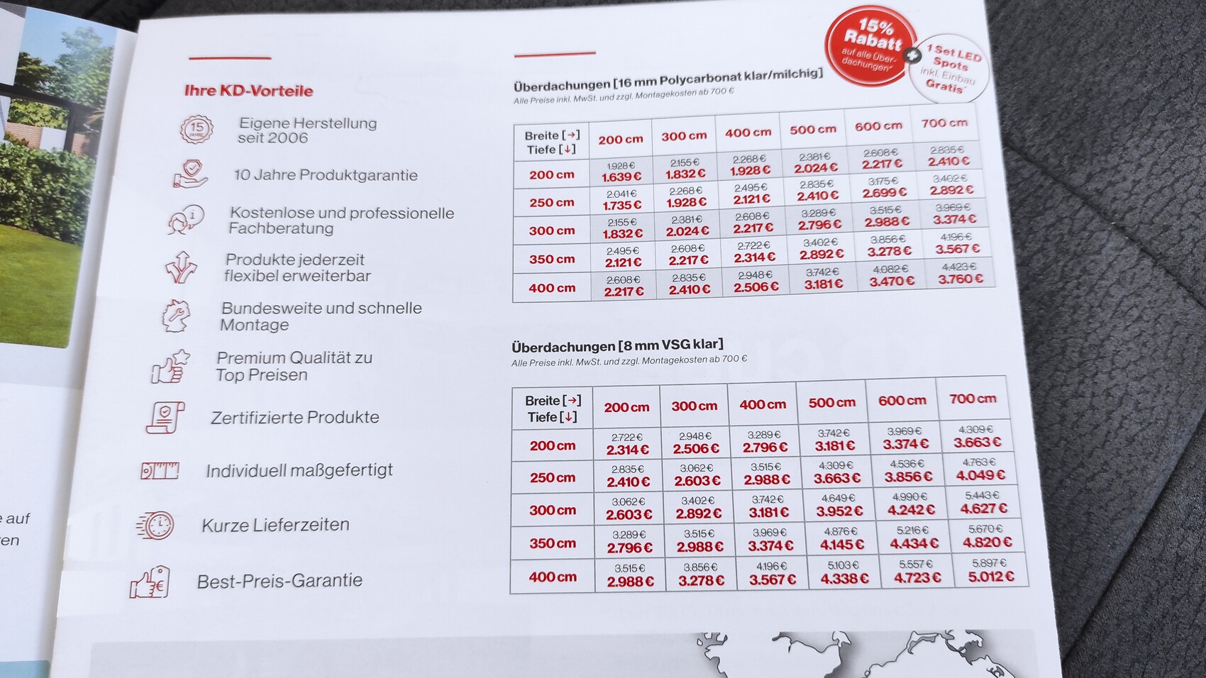 Prospektseite mit Preistabellen zu Dachüberdachungen und KD-Vorteilen