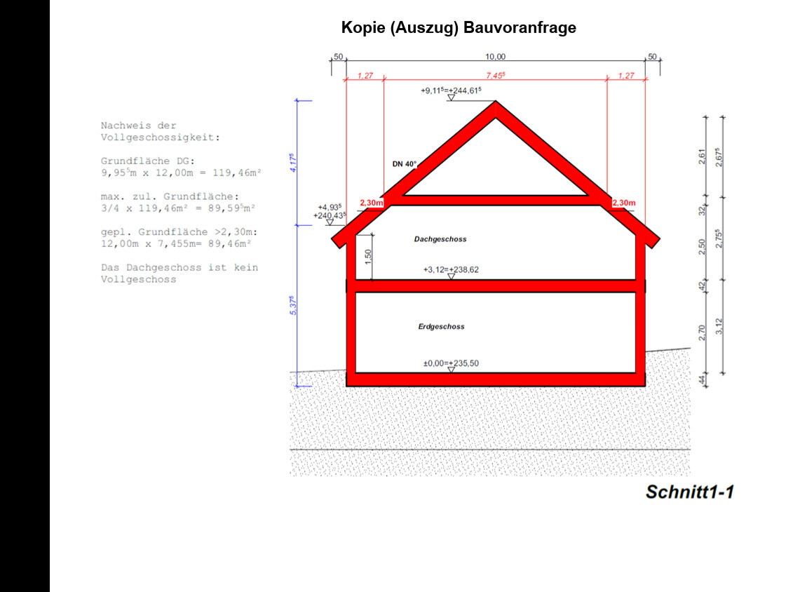 Schnitt durch ein Haus mit rotem Dachrahmen, Grundrissdetails und Maßlinien
