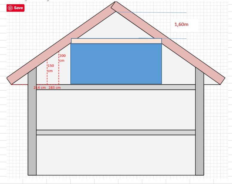 Schnittzeichnung eines Hauses mit rotem Dach, grauen Stützen und blauem Fenster.