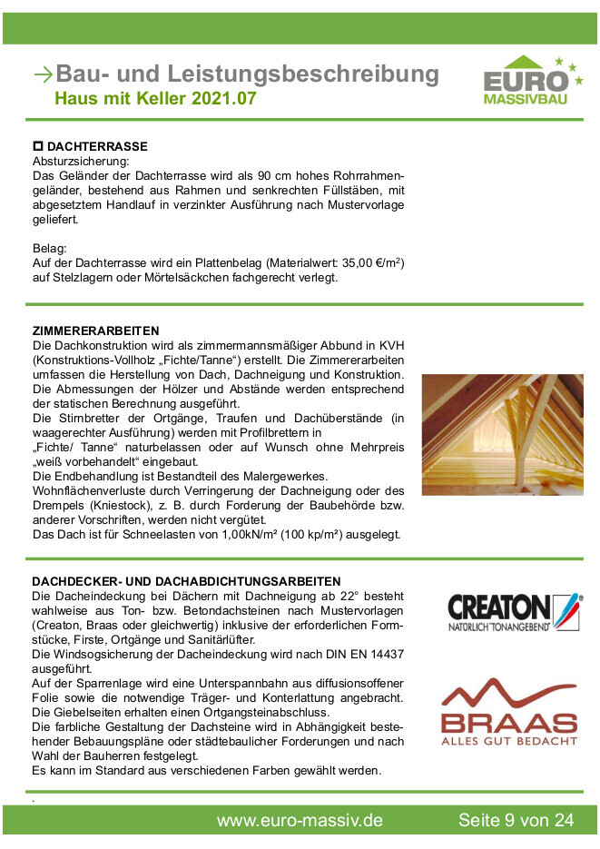 Baubeschreibung: Abschnitte Dachterrasse, Zimmerer- und Dachdeckerarbeiten, Logos rechts.