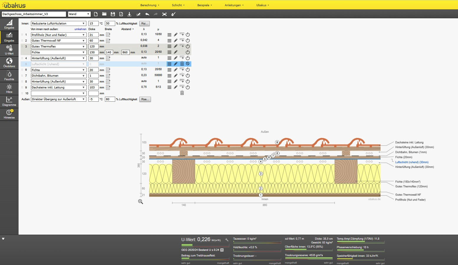 Querschnitt eines Dachaufbaus mit Dämmung, Luftschicht und Dachziegeln