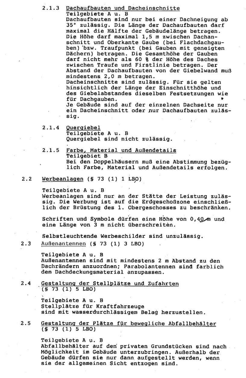 Dokument mit Regelungen zu Dachaufbauten und Dacheinschnitten aus Bauvorschriften.