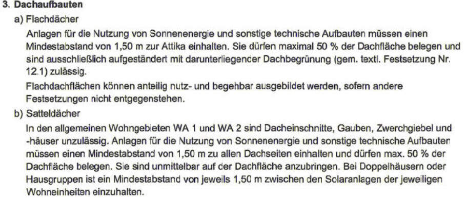 Textabschnitt zu Dachaufbauten, Flachdächern und Satteldächern.