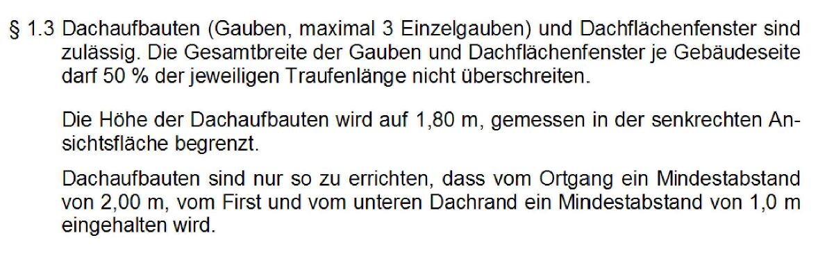 Textabschnitt zu Dachaufbauten, Dachhöhe und Abständen in der Bauordnung.