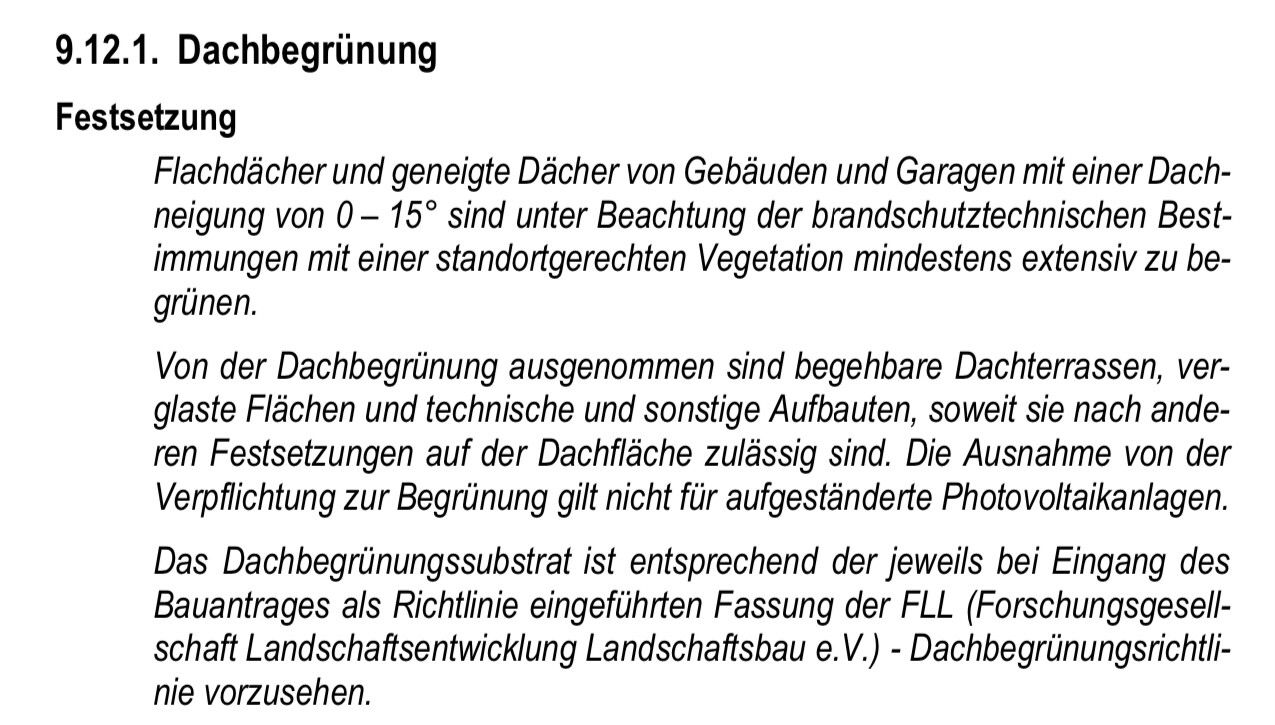 Dokumentenseite zur Dachbegrünung mit Festsetzung und Ausnahmen.