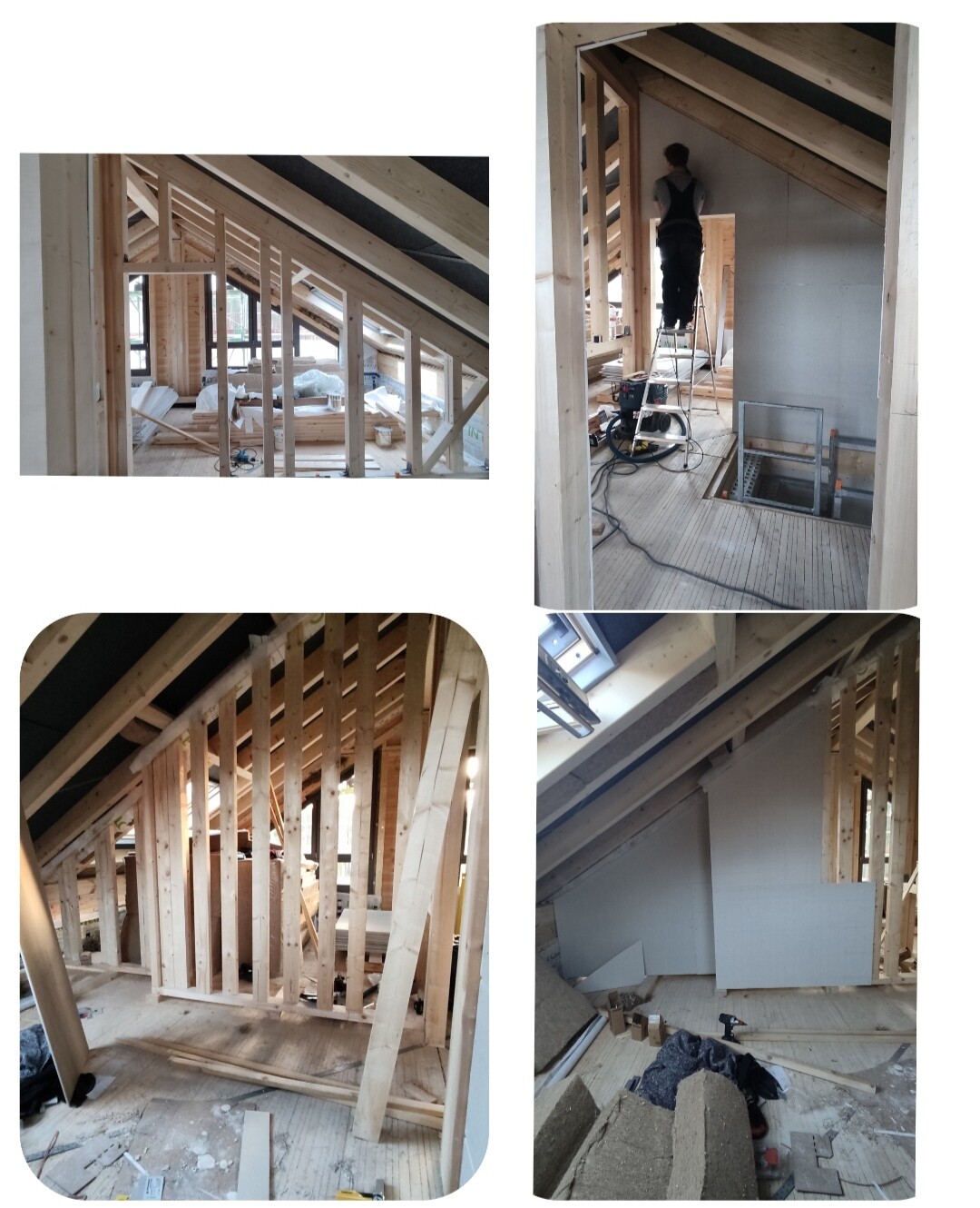 Rohbau eines Dachgeschosses mit Holzkonstruktion, Arbeiter auf Leiter und Baumaterialien.