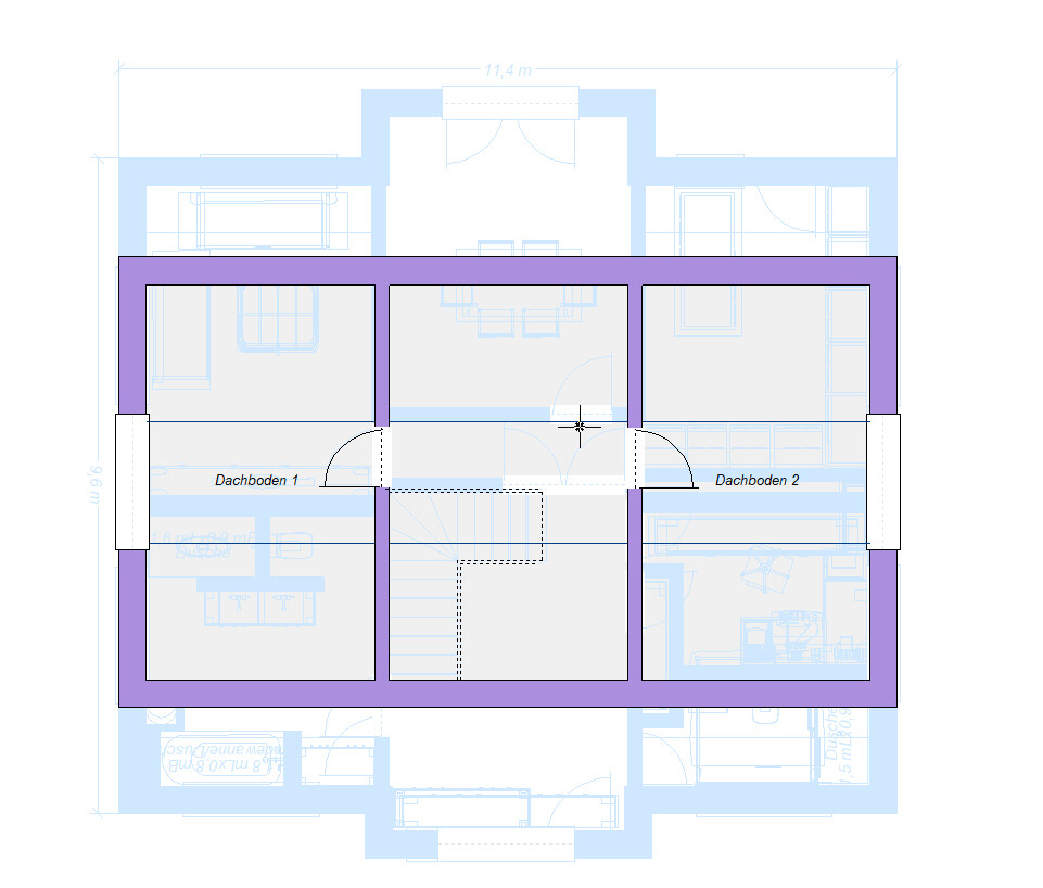 Grundriss eines Dachgeschosses mit zwei Dachböden (Dachboden 1, Dachboden 2) und zentrale Treppe.