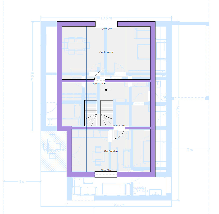 Dachboden-Grundriss: zwei Räume, zentrale Treppe, violette Außenwand.