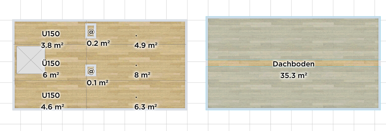Zwei Grundrisse: links Zimmeraufteilung, rechts Dachboden 35,3 m²