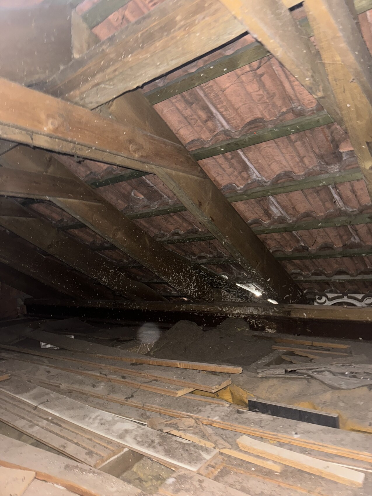 Dachboden mit Holzbalken, Ziegeldecke, Staub und verstreutem Bauholz.