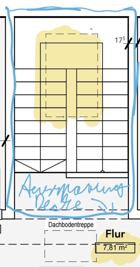 Grundriss eines Dachbodens mit zentraler Dachbodentreppe; Flur 7,81 m².