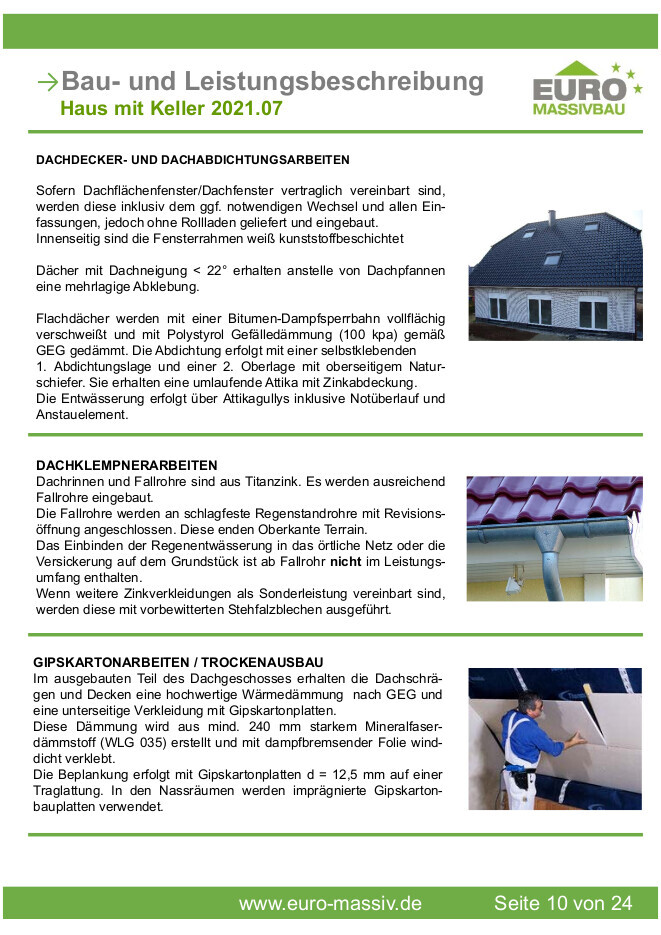 Broschürenseite zur Bau- und Leistungsbeschreibung mit drei Bildern: Dach, Regenrinne, Monteur.