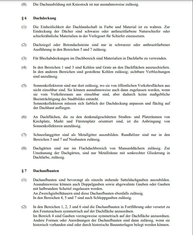 Seite eines Gesetzestextes: §6 Dachdeckung und §7 Dachaufbauten.