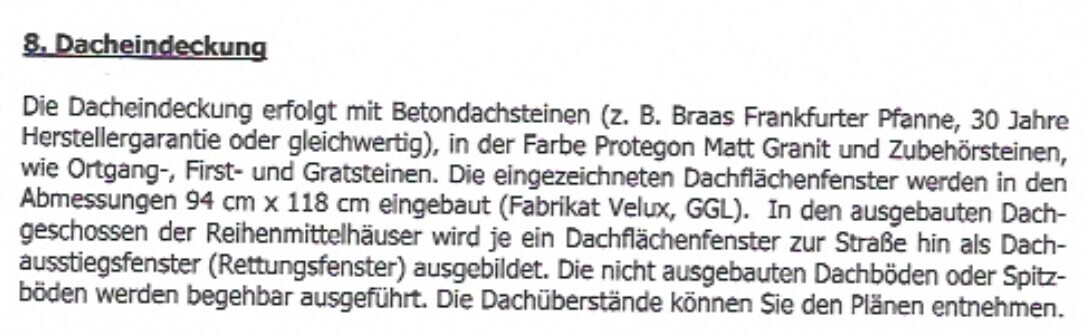 Dokumenttext zur Dacheindeckung mit Beton-Dachsteinen und Dachfenstern.