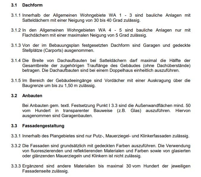 Auszug aus Bauvorschriften: Dachformen, Anbauten und Fassadengestaltung.