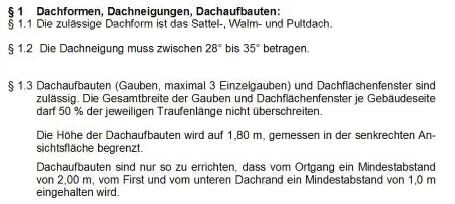 Dokument mit Richtlinien zu Dachformen, Dachneigungen und Dachbauweisen