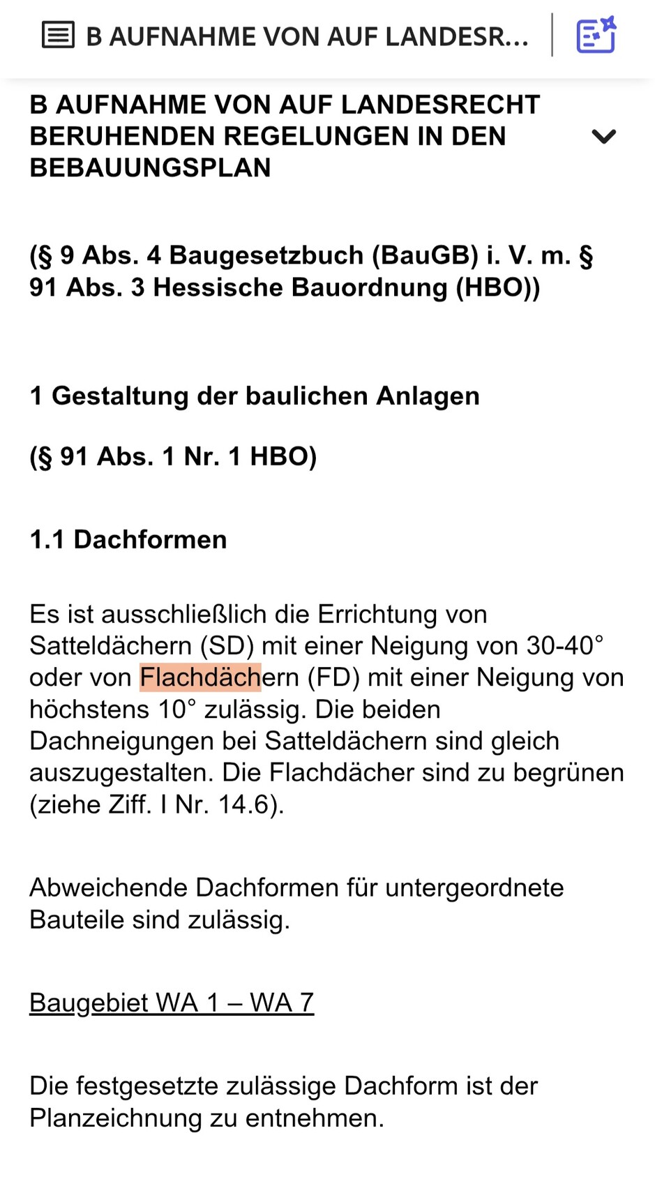 Screenshot eines Gesetzestextes zu Dachformen im Bauwesen in Deutsch