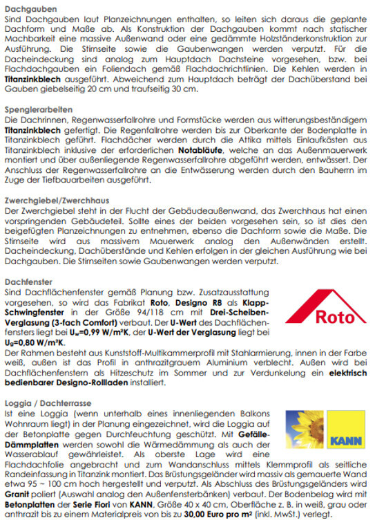 Katalogseite mit Text zu Dachgauben, Spenglerarbeiten, Dachfenstern und Roto-Logo.