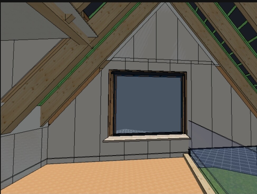3D-Dachgeschoss-Raumansicht mit Dachstühlen, Dämmung und Fenster im Innenraum