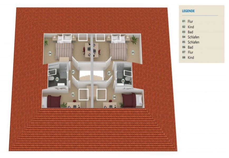 Dachgeschoss-Plan: Zentraler Flur, zwei Schlafzimmer, zwei Kinderzimmer, Bäder
