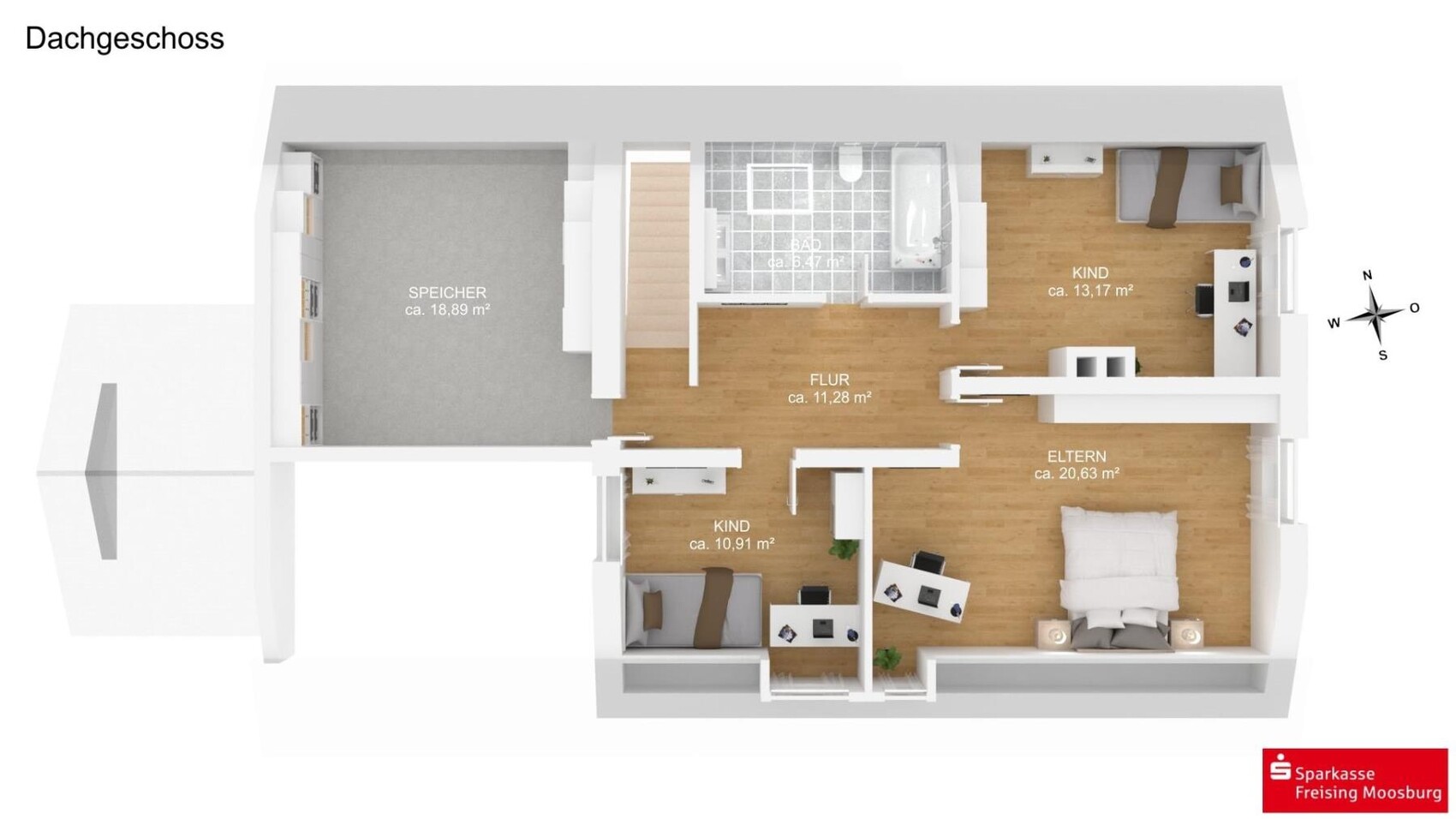 Dachgeschoss: Grundriss mit Speicher, Flur, Bad, Eltern- und zwei Kinderzimmern.