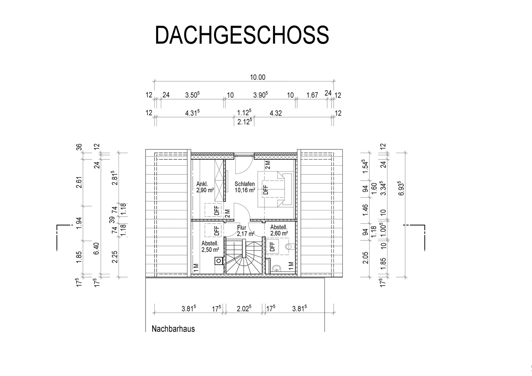 Dachgeschoss-Grundriss mit Schlafzimmer, Ankleide, Flur, Abstellräumen und Treppen.
