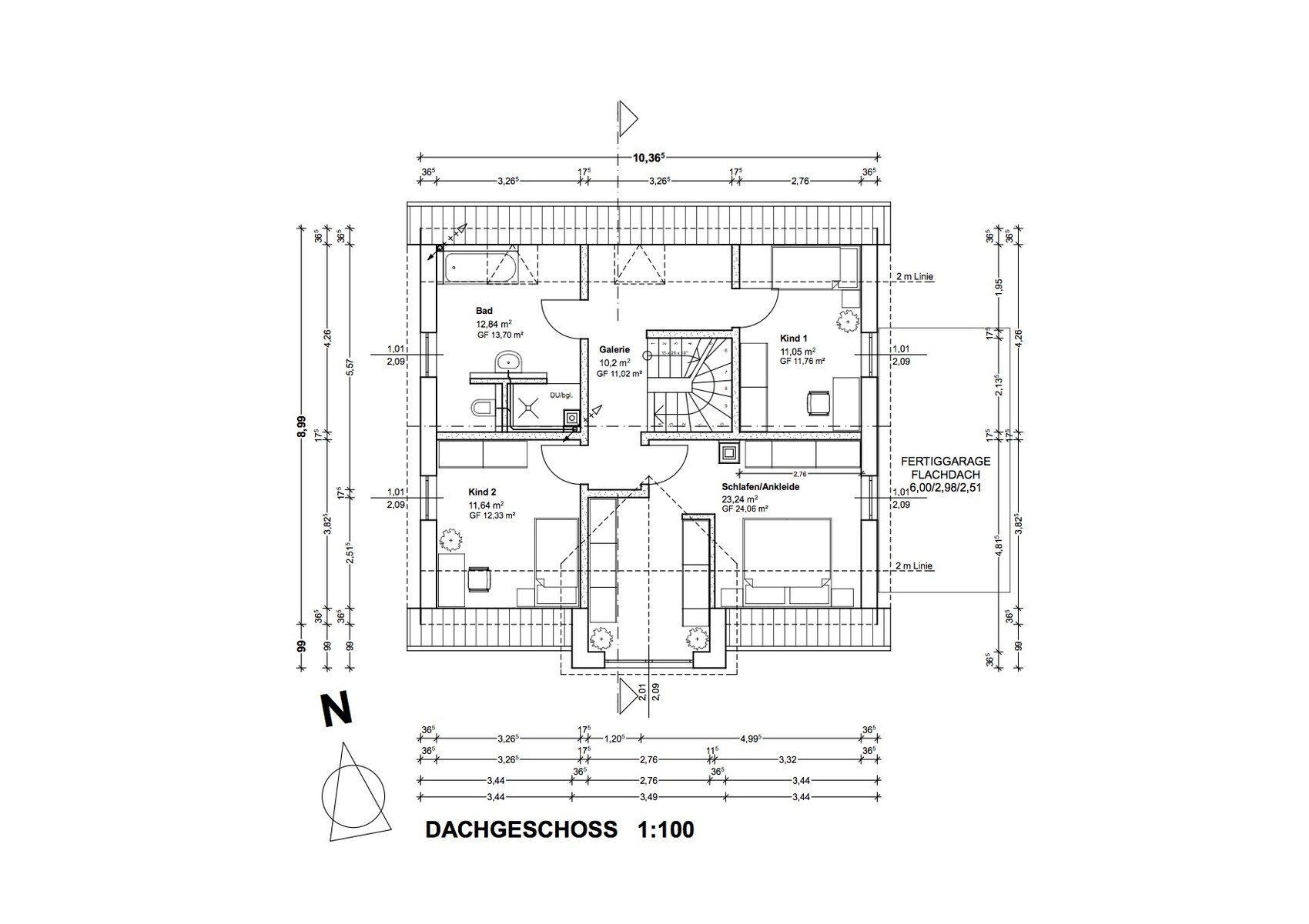 Dachgeschoss Grundrissplan mit Schlafzimmer, Kinderzimmern, Bad und Treppenhaus