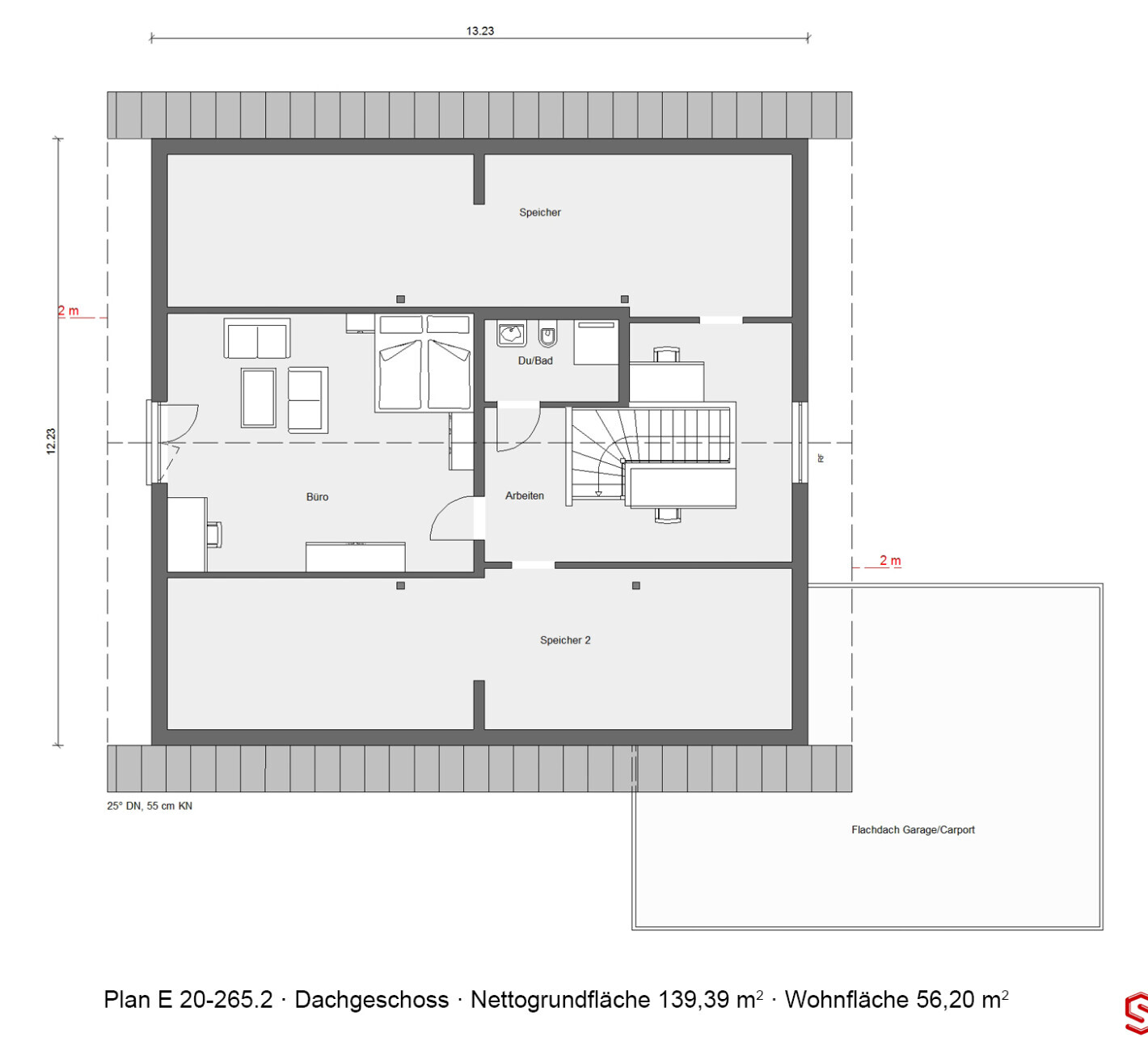 Grundriss Dachgeschoss: Büro, Arbeiten, Speicher, Dusche/Bad, Treppe, Speicher 2, Carport.