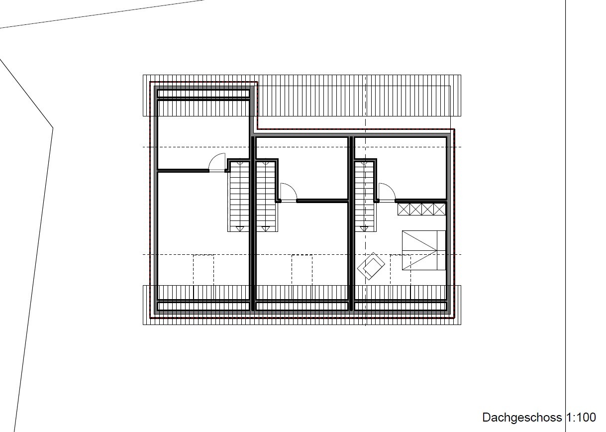 Grundriss Dachgeschoss: zwei Treppenhäuser, drei Räume, Schlafzimmer mit Bett und Terrasse.