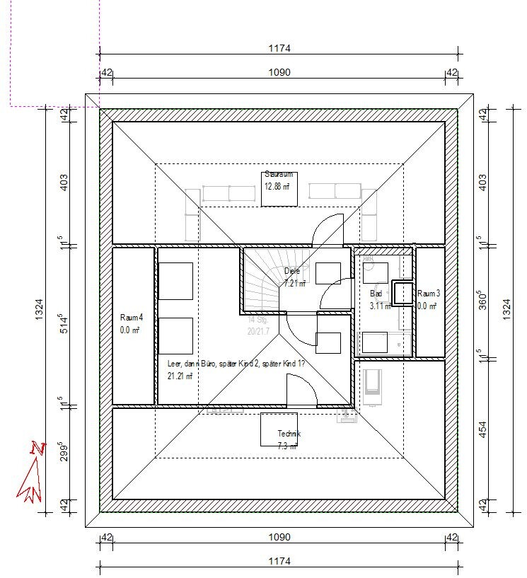 Grundriss eines Hauses: zentrale Diele, Treppe, Bad, Raum3, Raum4, Technik, Maßlinien, Nordpfeil