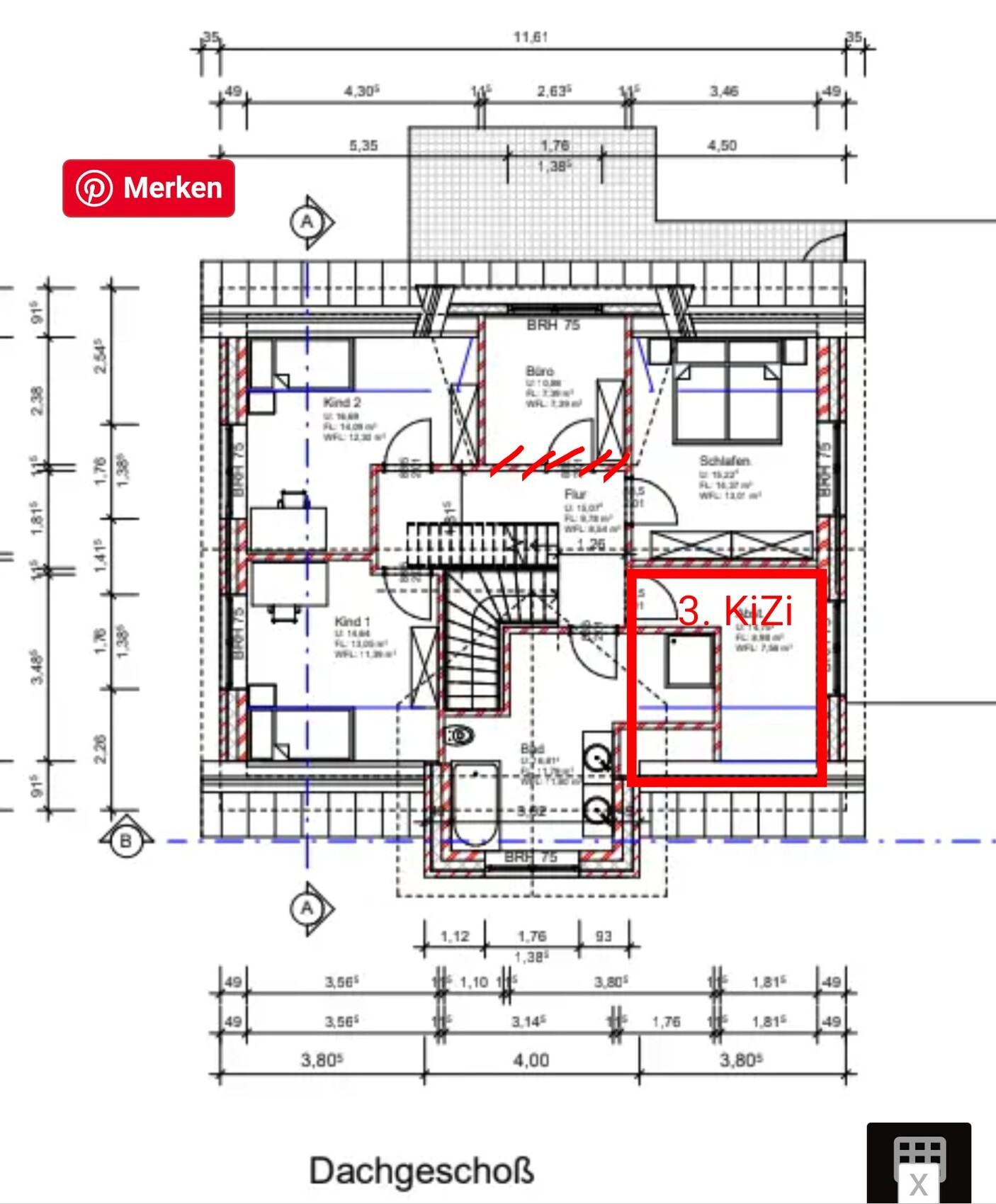 Grundriss Dachgeschoss mit markiertem 3. KiZi im roten Rechteck
