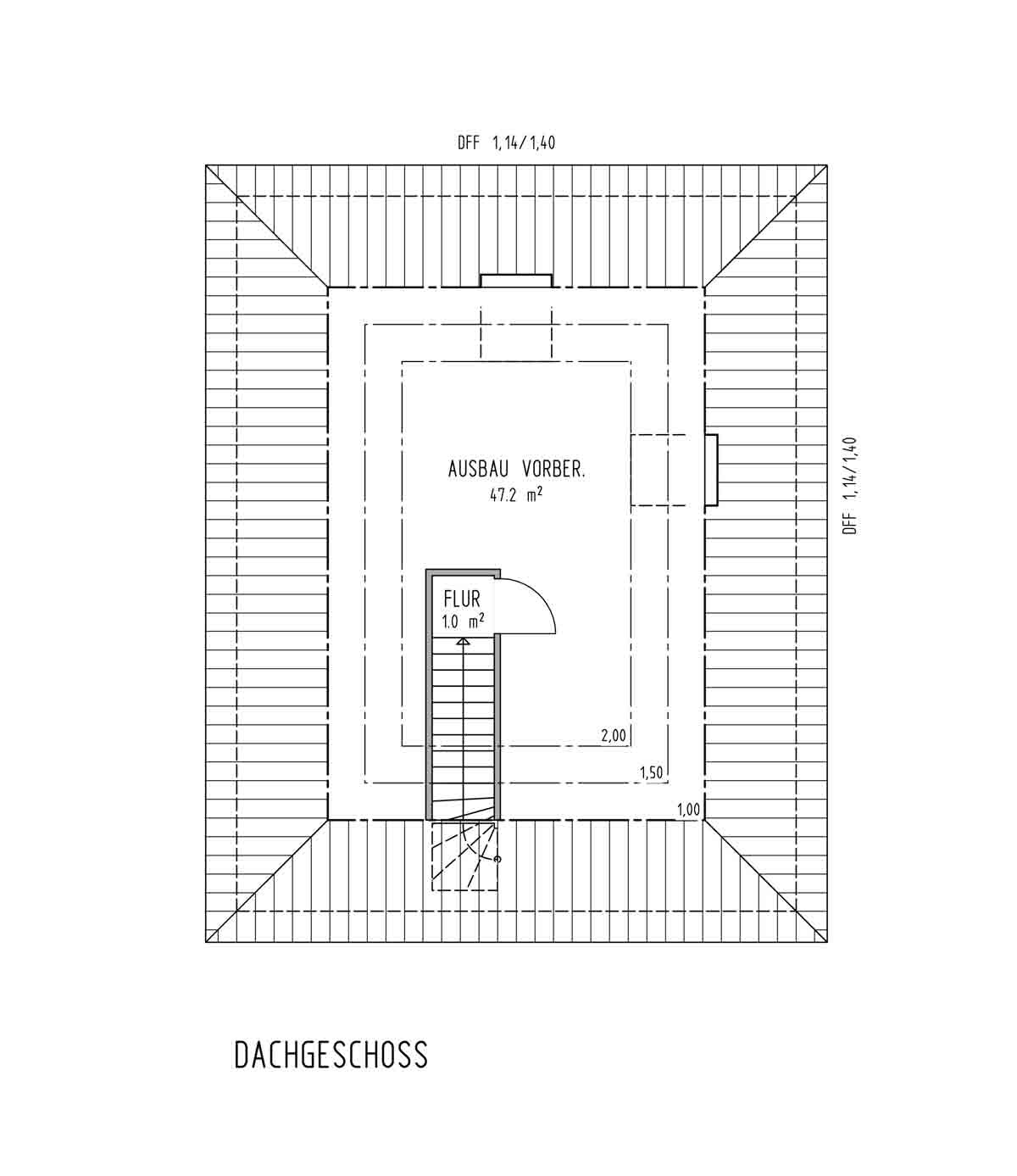 Dachgeschoss-Plan: Zentraler Treppenaufgang, Flur und Ausbau-Vorbereich (47,2 m²).