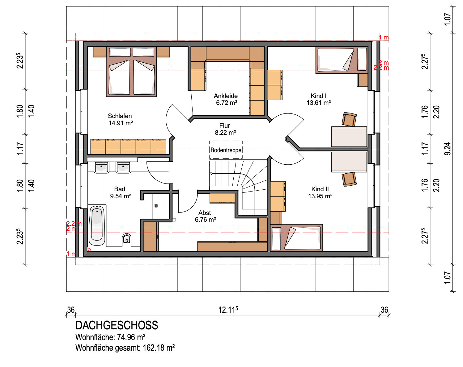 Dachgeschoss-Grundriss: Schlafen, Bad, Ankleide, Flur, Kind I, Kind II, Abst