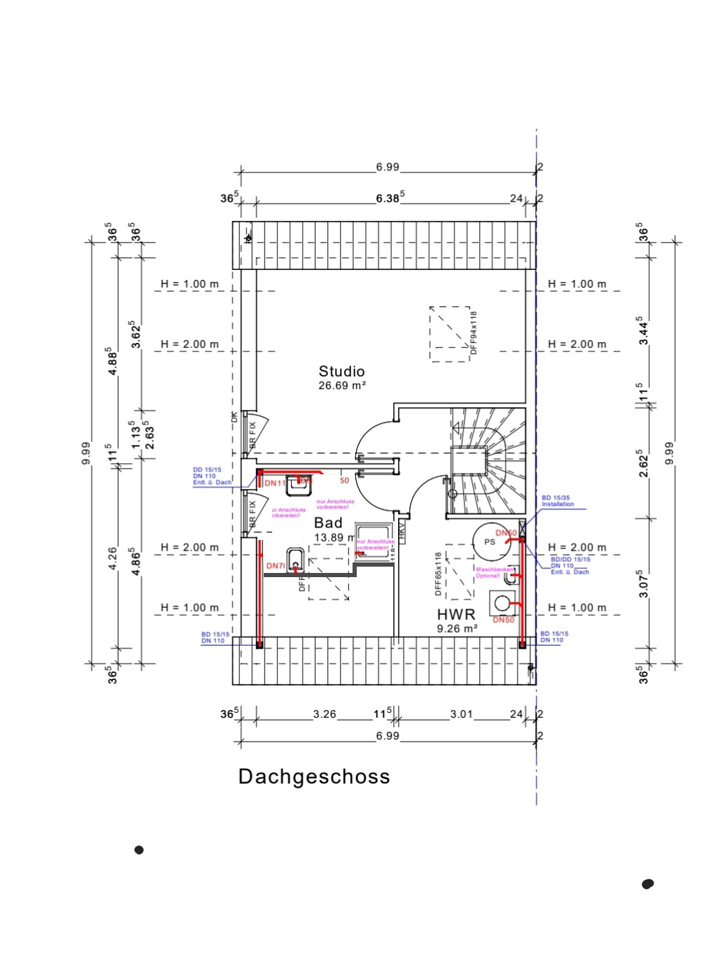 Dachgeschoss-Grundriss: Studio (26,69 m²) mit Bad, HWR und Treppenaufgang.