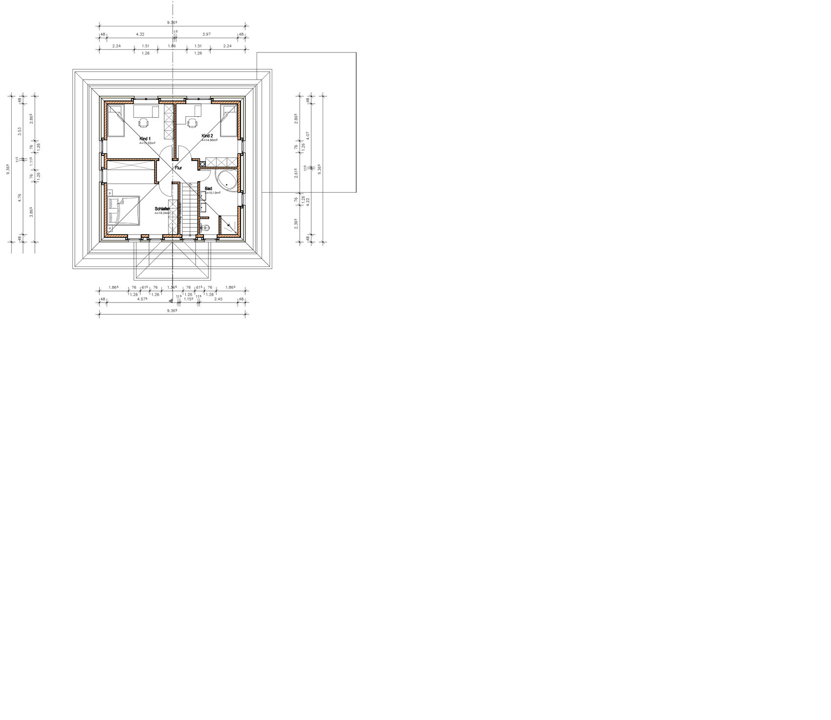 Dachgeschoss Grundrissplan mit Schlafzimmer, zwei Kinderzimmern, Bad, Flur und Treppe